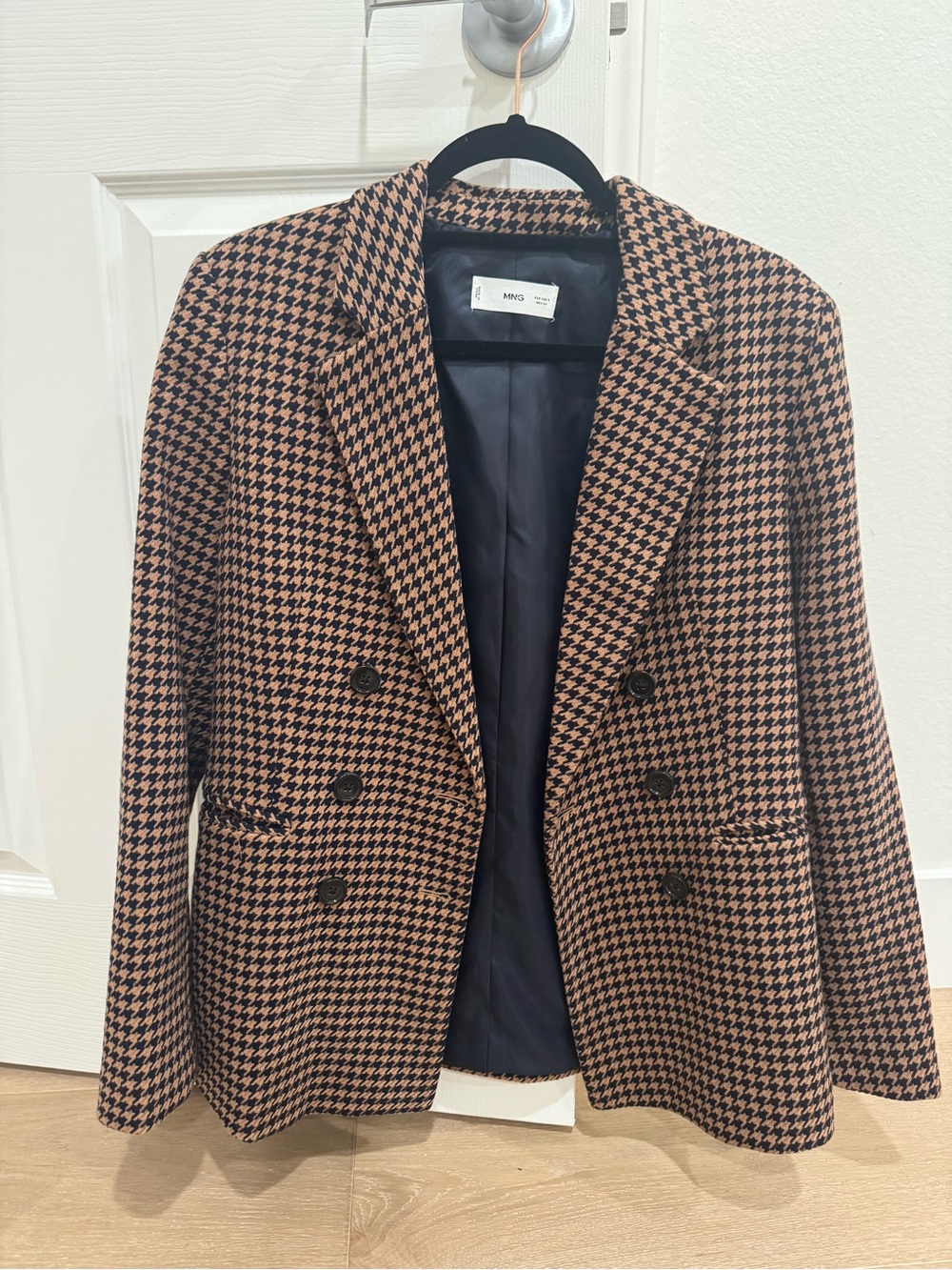 Mango Brown & Black Houndstooth Double-Breasted Blazer